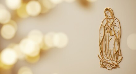Virgin Mary Icon in Golden Lines and Soft Bokeh Background Illustration
