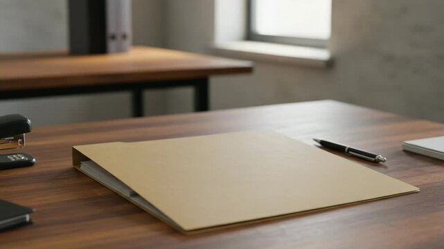 Office desk with stationery items and empty folder on wood surface  