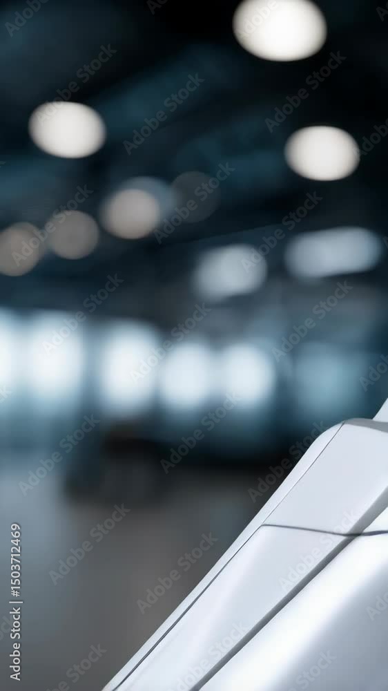 Poster close-up of a robotic arm mechanism in a factory setting with chrome joints and white body, abstract