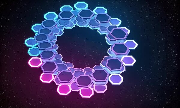 Abstract Circular Animation of Digital Hexagonal Shapes with Blue and Pink Neon Color on Dark Background