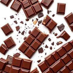 A luxurious broken chocolate bar with chocolate chunks, isolated on a white background with generative ai