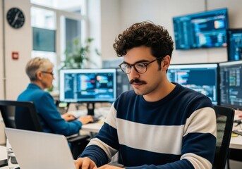 Male developer working on computer for IT services, app development, and coding tasks in tech office
