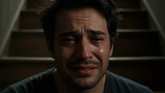 Young man crying on staircase with emotional expression at home  