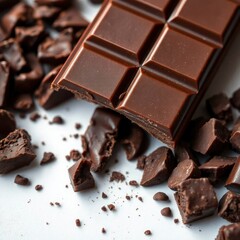 A luxurious broken chocolate bar with chocolate chunks, isolated on a white background with generative ai