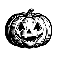 jack o lantern pumpkin sketch engraving black and white outline. Scratch board imitation.  illustrated in vintage line art style on a white background.