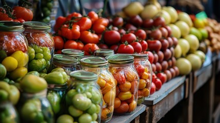 Vibrant Variety of Pickled and Fresh Produce at the Market
