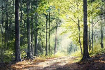 Path through dense pine forest with morning light