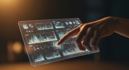 Interactive futuristic interface with a finger touching the screen display