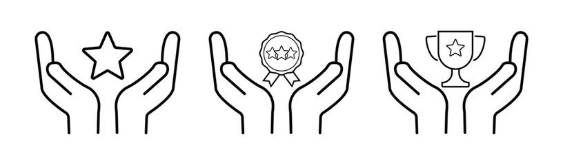 Handheld Award Icon Set, Outline Vectors Featuring Star, Badge and Trophy Symbols for Celebrating Achievement
