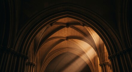 Majestic architecture, beams of light illuminating the gothic arches