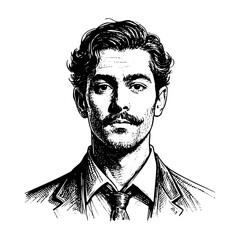 Gentleman with moustache portrait sketch engraving black and white outline. Scratch board imitation.