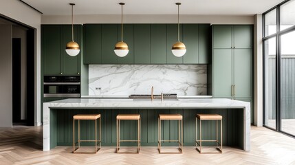 Modern Kitchen with Green Cabinets and Marble Countertops