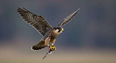Fototapeta premium Magnificent peregrine falcon diving mid-air with prey in its talons close-up
