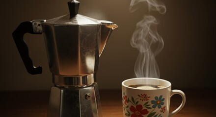 Vintage Coffee Still Life, Moka Pot and Floral Mug in Warm Light
