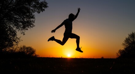 Silhouette of a man jumping against a vibrant sunset symbolizing freedom