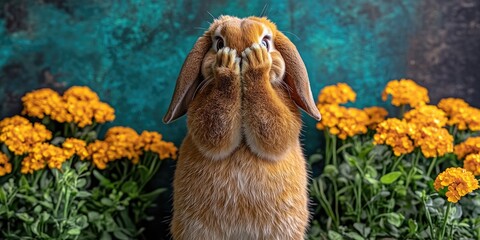 Fluffy bunny hiding face amongst vibrant flowers