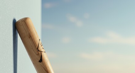 A close-up shot of a baseball bat leaning against a wall with the sky
