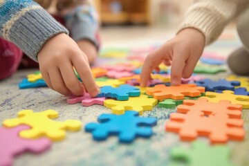 Children playing with colorful foam puzzle pieces