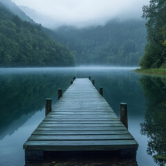 Dock on lake with trees in background.