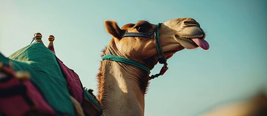 Camel with its tongue out, desert landscape