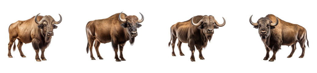 A collection of African buffaloes standing, isolated on a transparent background