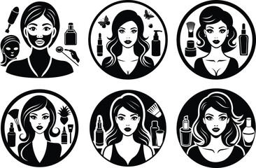 Beauty Icons: A stylish collection of six striking beauty icons, each within a circular frame, showcasing women and cosmetic items. perfect for beauty and skincare branding needs.