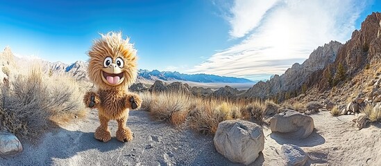 Fluffy mascot in a desert landscape