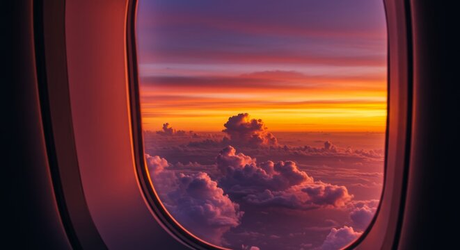 Breathtaking sunset view from airplane window, showcasing vibrant colors and fluffy clouds above the world