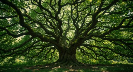 Obraz premium Majestic old tree with sprawling branches and lush green leaves