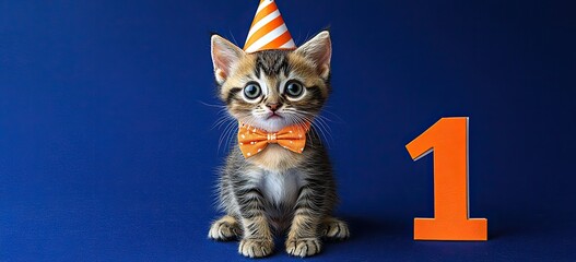 Cute kitten in party hat and bowtie, celebrating first birthday