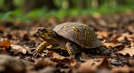 Fototapeta premium Majestic Eastern Box Turtle basking on the Forest Floor Surrounded by Fallen Autumn Leaves