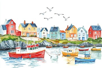 Maritime village with boats and seagulls in watercolor