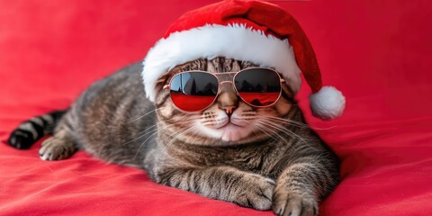 Feline Christmas fashionista in Santa hat and shades