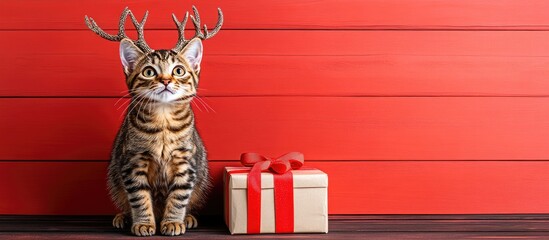 Cute tabby cat with reindeer antlers and Christmas gift