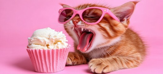 Cute kitten in pink sunglasses, yawning, with a cupcake and ice cream