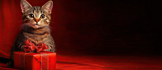 Adorable tabby cat with a red gift box