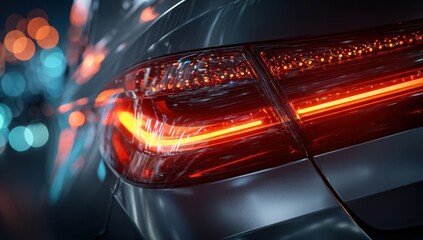 Car tail light glowing at night blurred