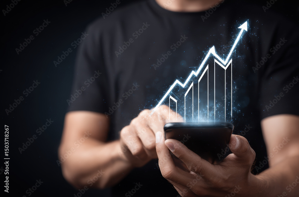Poster person using smartphone with digital graph indicating growth and progress, symbolizing success and t