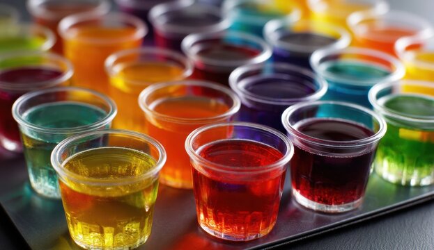 Colorful alcohol jello shots in clear cups