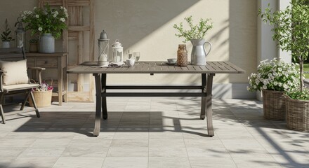Elegant Outdoor Dining Space with Stylish Table and Decorative Accents