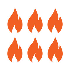 Set of Six Orange Fire Flame Icons on a White Background Symbolizing Energy Passion Warmth and Illumination Suitable for Graphic Design and Creative Projects