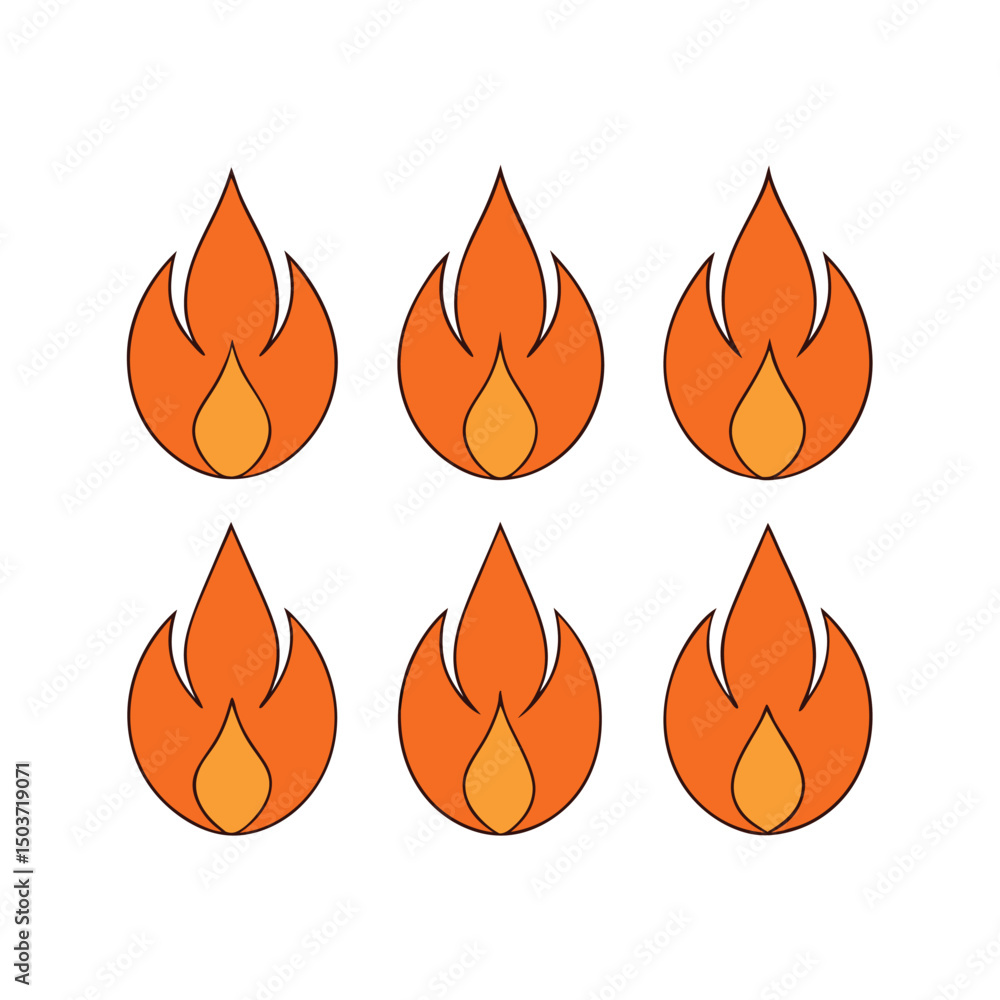 Poster six orange fire icons on a white background arranged in two rows of three for design elements