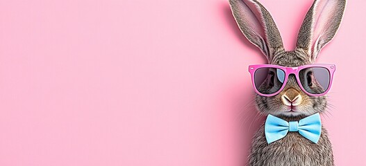 Stylish bunny in pink sunglasses and a bow tie