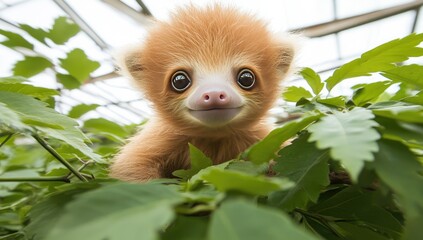 Adorable, fluffy, reddish-orange baby animal nestled amidst lush foliage