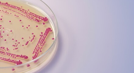Close-up of pink bacterial colonies growing on agar in a petri dish