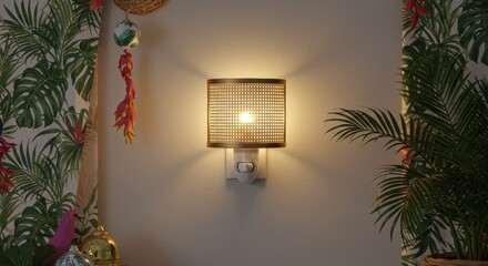Tropical Night Light Illuminating a Room with Exotic Decorations