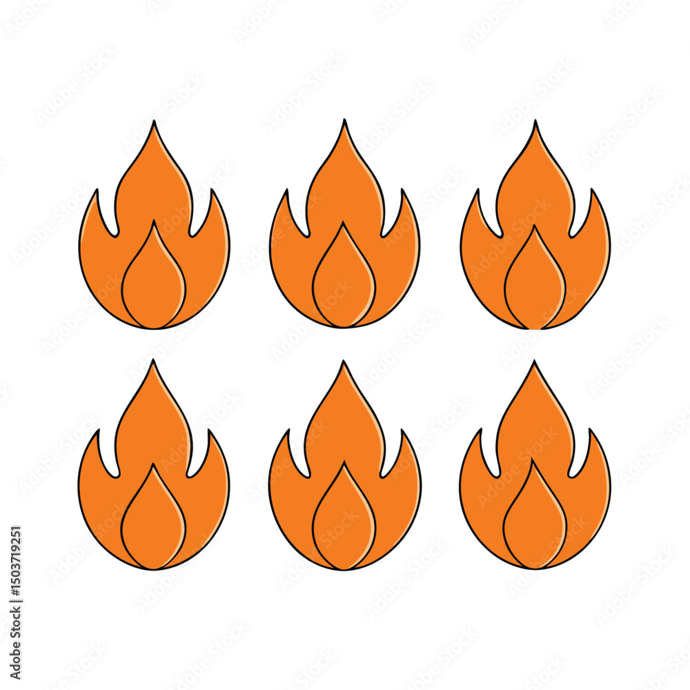 Poster six orange flame icons arranged in a pattern on a white background with black outlines and simple de