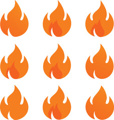 Nine Orange Fire Icons Arranged in a Grid Pattern on a White Background Representing Heat Energy and Passion in a Graphic Design