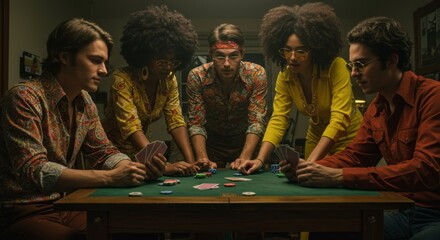 Intimate gathering of friends enjoying a retro-themed poker night filled with laughter