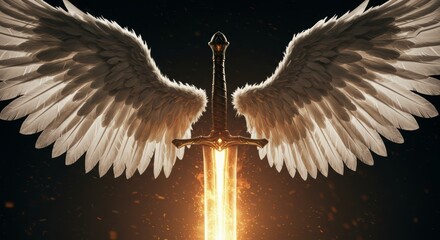 Dramatic angel wings and sword with intense light digital illustration